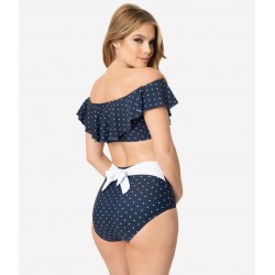 Unique Vintage Navy Polka Ruffled Swim Top