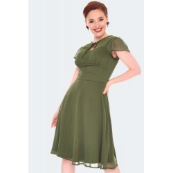 Voodoo Vixen Flutter Sleeve Flare Dress Olive